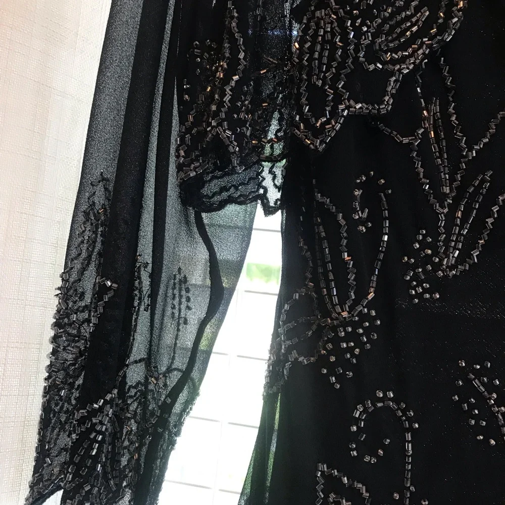 Long navy evening gown with sheer beaded overlay and sheer short jacket - Picture 4 of 8